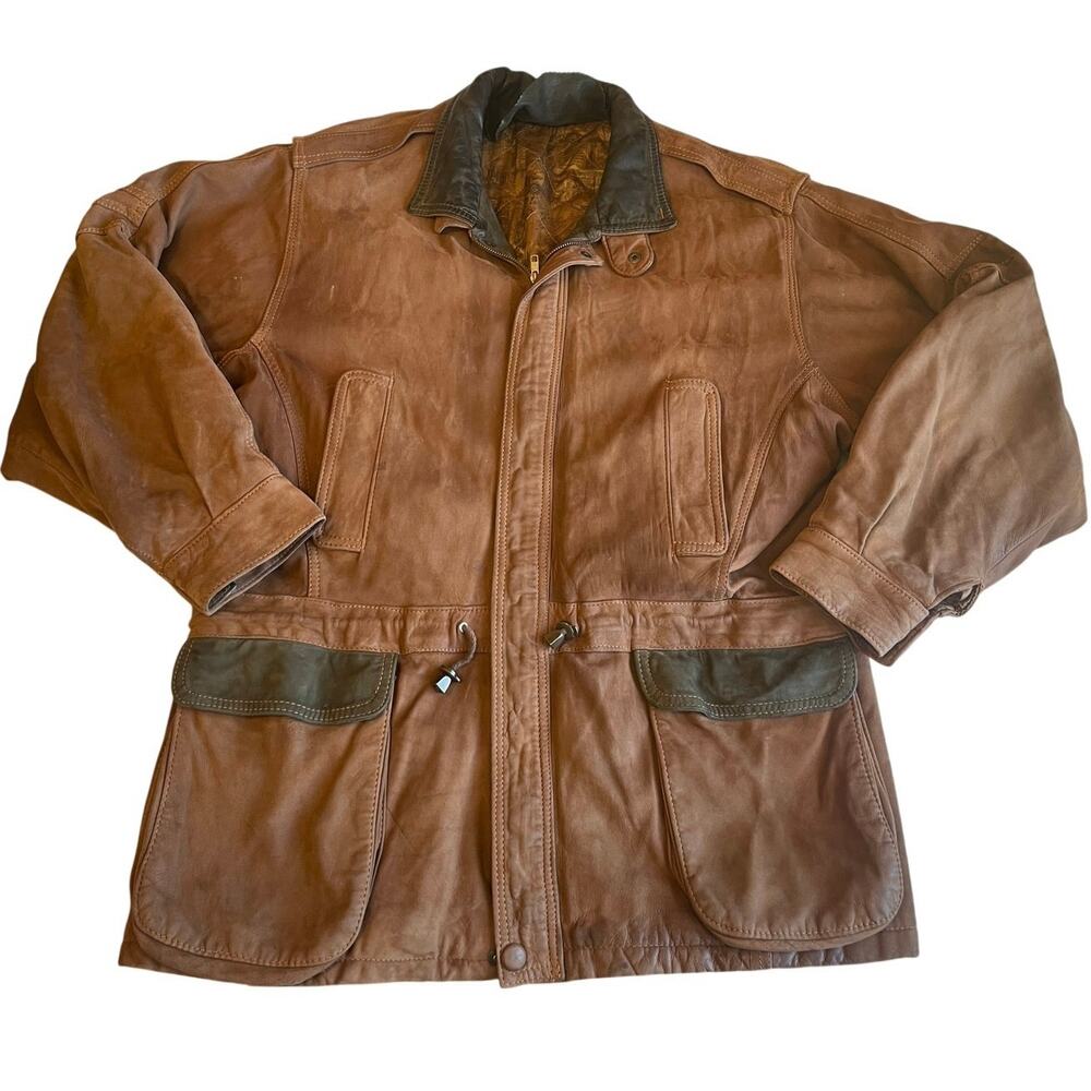 VTG Vera Pelle Brown Leather Oversized Barn Jacket Boho Cottage Retro Large